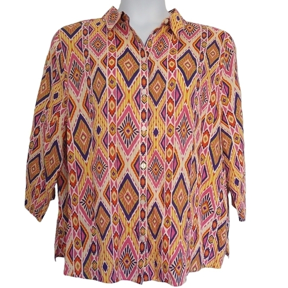 Chico's 100% Linen No-Iron Ikat Multicolor Button Back 3/4 Sleeve Shirt Boho - Picture 1 of 10